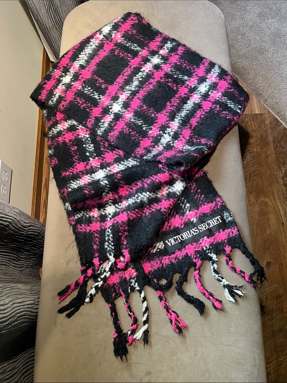 Victoria's Secret Black, Hot Pink & White Plaid Fringe Wrap